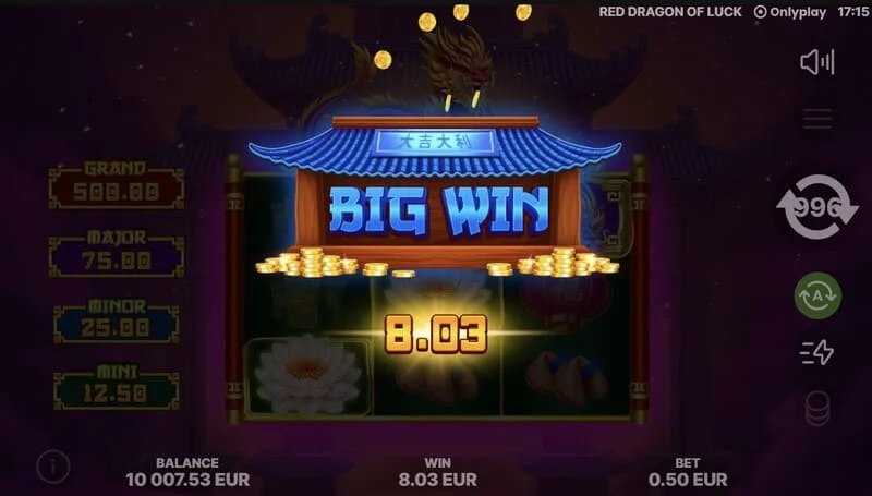 Red Dragon of Luck – glavni zaslon z mrežo 3x3 in rdečim zmajem